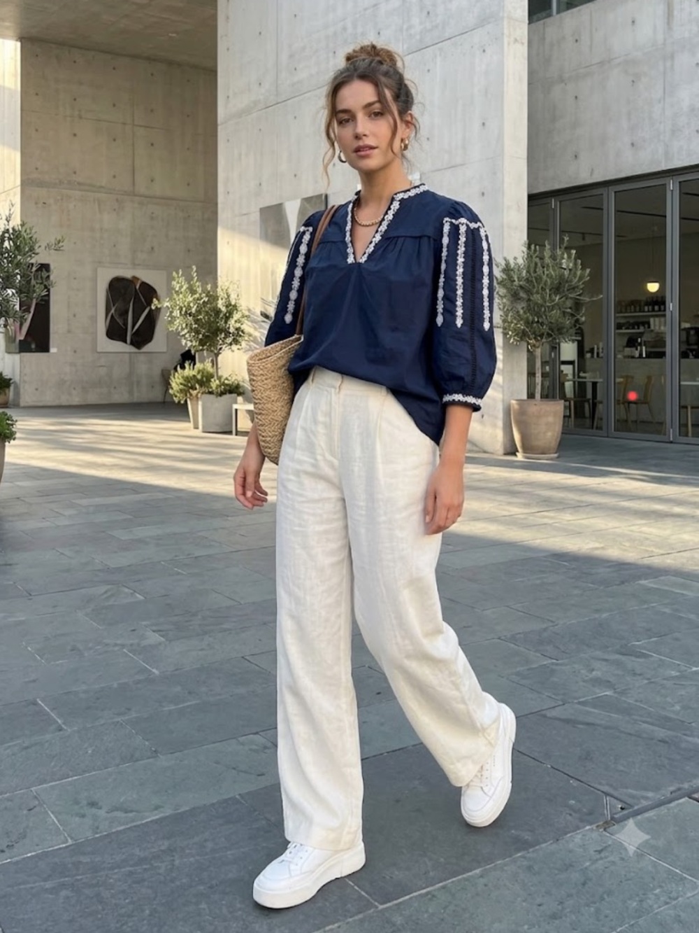 Pinch Navy Embroidered Peasant Blouse